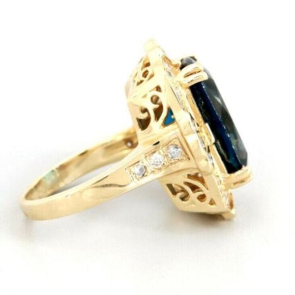 13.75Ct Natural LONDON BLUE TOPAZ & Diamond 14K Solid Yellow  13.75Ct LONDON BLUE TOPAZ & Diamond 14KY Gold Ring